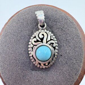 Sterling Silver 925 Turquoise Bezel Set Scroll Design Pendant Size 9/10" Length